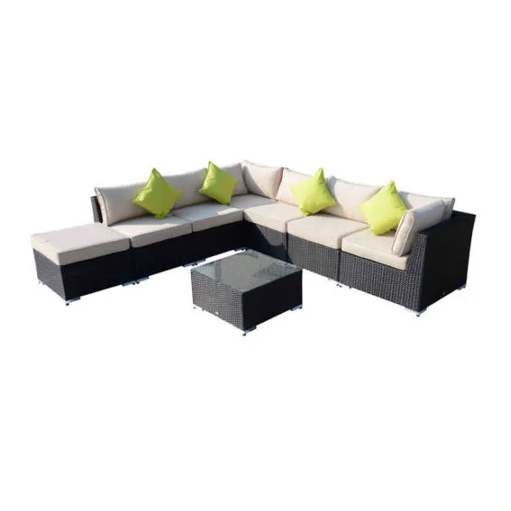 Set Furnitur Teras PE Rotan, 7 Bagian Tempat Duduk Sofa Lounge Luar Ruangan Mewah
