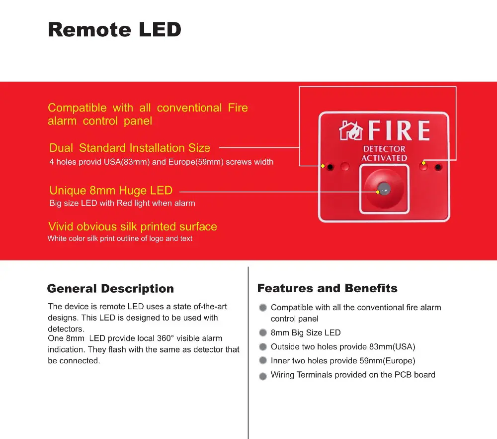 Addressable Fire Alarm System Remote LED One 8mm LED provide local 360 degree visible alarm indication Fire Detector Activated