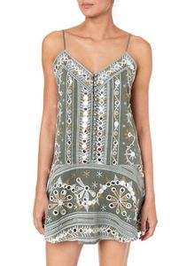 Vacation Wardrobe Collection Women Tribal Print Embroidered <b>Slip</b> Dress With Mirror Detailing Subtle Sexy Drop <b>Waist</b> Resort Tunic - Product Image 4