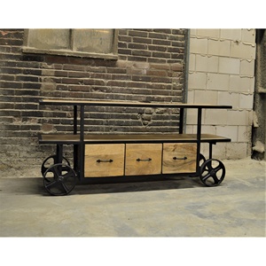 Table console en bois massif industriel avec rangement et roulettes, design vintage pour salon, villa et hôtel - Product Image 5