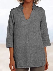 Robe midi en lin vert à col en V et manches trois quarts, coupe ample, respirante, tissée, couleur unie, brodée, pour l'été et le quotidien - Product Image 3