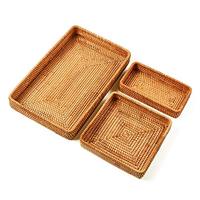 Ensemble de 3 plateaux rectangulaires en rotin Bao Minh, modèle HL2010, pour servir sur table, gâteaux, fruits et café