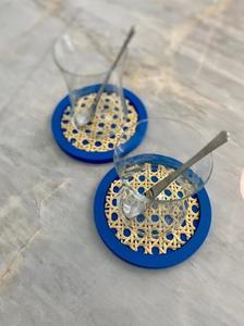 <b>Set</b> <b>of</b> <b>6</b> Natural Rattan Teacup Coasters in Blue Trending Design for Kitchenware Tabletop Use - Product Image 3