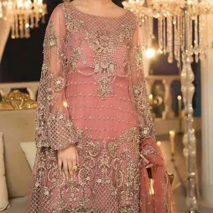 2024 élégant lourd Kurta et pantalon ensemble avec imprimé fleuri grande taille robe pour fête et mariage belle applique travail