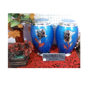 High Quality ALUMINIUM CREMATION URN ROSE ENGRAVED COLOURFUL FUNERAL SUPPLIES Brassworld India <b>Keepsakes</b> <b>ASHES</b> Memorial - Product Image 1