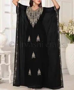 Women Fashion Islamic Clothing Black Color Abaya For Muslim Evening Dubai Dress Hand beaded Moroccan Kaftan