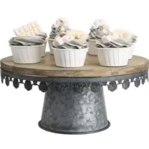 Galvanized Metal Cake Stand 12 Inch Vintage Wood Top Dessert Server and Cupcake Display Riser with Decorative Scalloped Rim