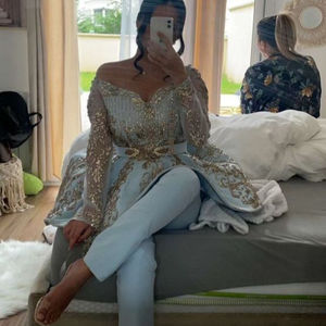 2022 elegante caftán blanco Dabka bordado cuentas de cristal trabajo de piedra decoración de encaje con lentejuelas hasta el suelo gasa - Product Image 1