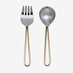 Bar à salade Cuillère et fourchette de service en acier inoxydable Bar à salade Ensemble de service en laiton doré Poignée à boucle Ensemble de service à salade - Product Image 6