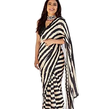 Bollywood Newly Stylist Schwarz-Weiß Plain Party Wear Freizeit kleidung Modische Chiffon Sarees Indische Kleidung