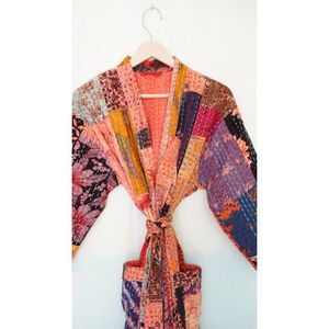 Kantha เสื้อคลุมกิโมโนญี่ปุ่น,เสื้อคลุมกันหนาวเย็บติดด้วยมือมีกระเป๋ามีเข็มขัดหลากสี - Product Image 6