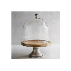 Hiện đại kích thước lớn bằng gỗ vòng bánh đứng với Glass Dome khay trái cây Đảng trang trí nội thất sang trọng bánh đứng phụ kiện nhà bếp