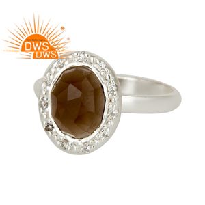 Bague en argent Sterling 925, pierre précieuse en Quartz fumé naturel et CZ, vente en gros de bijoux - Product Image 1