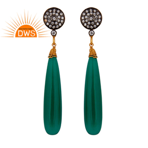 เครื่องประดับทำมือจากอินเดีย ดีไซน์สวยงาม ประดับด้วยเพทายสีขาวและพลอยสีเขียว ทำจากเงินแท้ 925 ชุบทอง 18K ต่างหู - Product Image 1