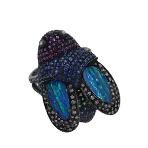 925 Perak Pave Berlian Multi Batu Permata Hewan Terbang Cincin Serangga Safir Ruby Opal Desain Tsavorite Serangga Cincin Perhiasan Grosir