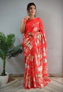 ส่าหรีผ้าจอร์เจียสำหรับผู้หญิงดีไซน์ใหม่ล่าสุดผ้าปักลายแฟนซีแฟชั่นล่าสุดช้อปปิ้งออนไลน์ - Product Image 3