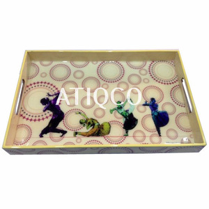Bandeja DE SERVICIO DE MADERA Rectangular pintada última y moderna bandeja de servicio impresa Bharatanatyam bandeja esmaltada única superventas - Product Image 1