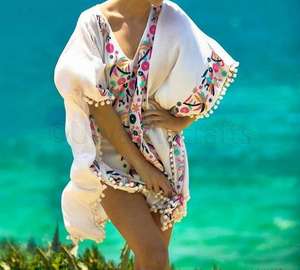 Latest Design New Arrival Ladies Floral Embroidered <b>Kaftan</b> for Beachwear Apparel Pom Pom White Rayon <b>Kaftan</b> - Product Image 3