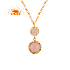 <b>Indian</b> Gold Plated Silver Designer Necklace Rose Chalcedony and Zircon <b>Set</b> Pendant Jewelry Supplier - Product Image 1