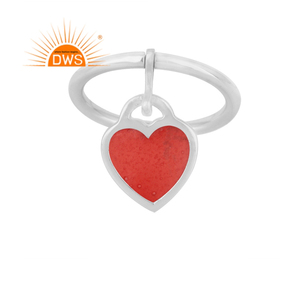 Anillo de plata de primera ley con forma de corazón, sortija, plata esterlina 925, blanco, rodio plateado, liso, esmalte rojo - Product Image 1