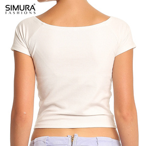 Haut court côtelé blanc pour femme SIMURA, col rond, manches courtes, débardeur décontracté, mélange de coton et élasthanne respirant - Product Image 3