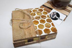 Hexagon Pattern Traditional Wood Resin Coaster Set Tabletop <b>Protector</b> Sublimation Coffee Wine <b>Tables</b> Includes PU Glass Mats - Product Image 2
