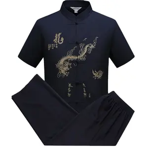 summer wear dragon embroidered tai chi uniform Black short sleeves tang suits. custom made martial arts uniforms on wholesale