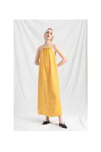 Última novedad en tendencia: vestido largo sin mangas de tela crepé color amarillo, 100% lino para mujer. - Product Image 2