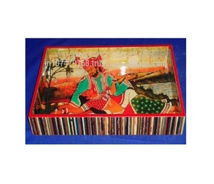 Bandeja de madera de sándalo estilo Arte popular con acabado brillante de cerámica Técnica pintada a mano - Product Image 5