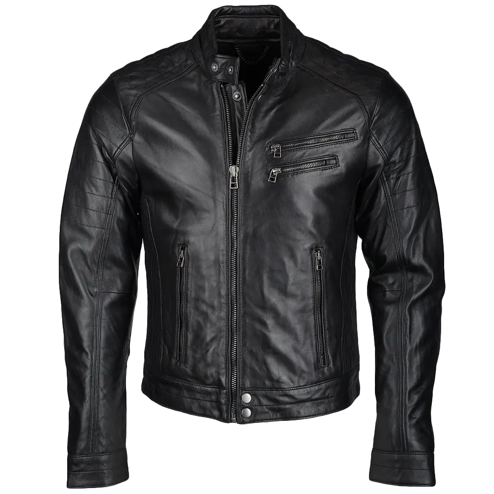 Chaqueta de cuero de oveja de piel auténtica para hombre, moda, color negro