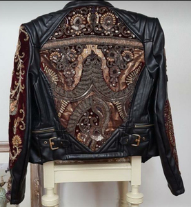 Chaqueta de Cuero Negra de Diseño Único, Estilo Étnico Banjara, con Bordado y Forro de Algodón para Mujer, Informal - Product Image 3