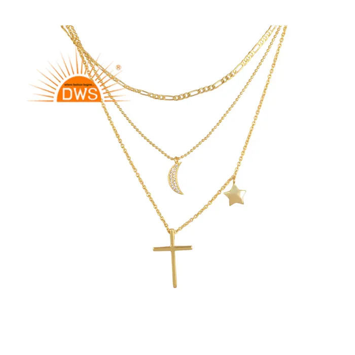 CZ Star Moons And Cross Charms Set Fancy Brass Necklace Handmade Brass Gold Plated Classic Lariat Thread Necklace Jewelry