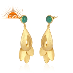 Leaf Deign 18k Gold Plated 925 Sterling <b>Silver</b> <b>Dangle</b> <b>Earrings</b> Jewelry India Natural Round Cut Green Onyx Gemstone Drop <b>Earrings</b> - Product Image 2