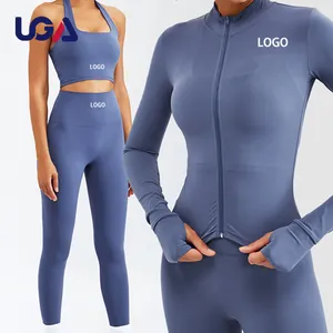 Workout Set Women Clothing Active Wear Gym Fitness 3 Piece Women Workout Legging Set Long Sleeve Jacket Yoga Set Gym Clothing