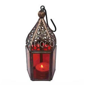 Lanterne hexagonale en verre bleu marocain la plus vendue en laiton antique de qualité supérieure pour les décorations de fête intérieures et extérieures - Product Image 2