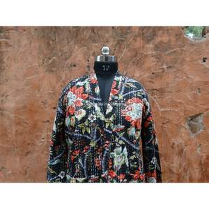 Manteau ethnique pour femmes, modèle Kantha, imprimé Floral noir, veste tissée, en coton, court, Maxi, peignoir fait à la main, vente en gros d'hiver - Product Image 2