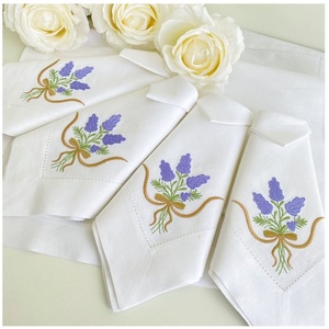Haute qualité broderie lavande dîner serviette ourlet nappe serviette coton lin mélange accessoire maison hôtel mariage - Product Image 1