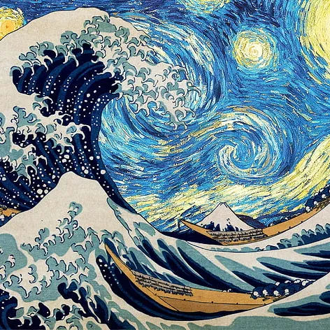 Hokusai y Van Gogh-pintura de mosaico de vidrio cortado a mano, azulejos murales para vestíbulo del Hotel