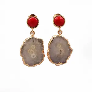 Double stone earrings earrings for women red onyx & solar quartz earring wholesale gemstone handmade women jewelry wholesale lot