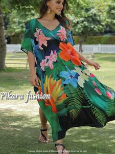 Caftán de talla grande de Dubái de alta calidad para mujer, elegante bohemio, estampado Floral, escote en V, manga corta, tejido hasta el suelo, Natural - Product Image 4