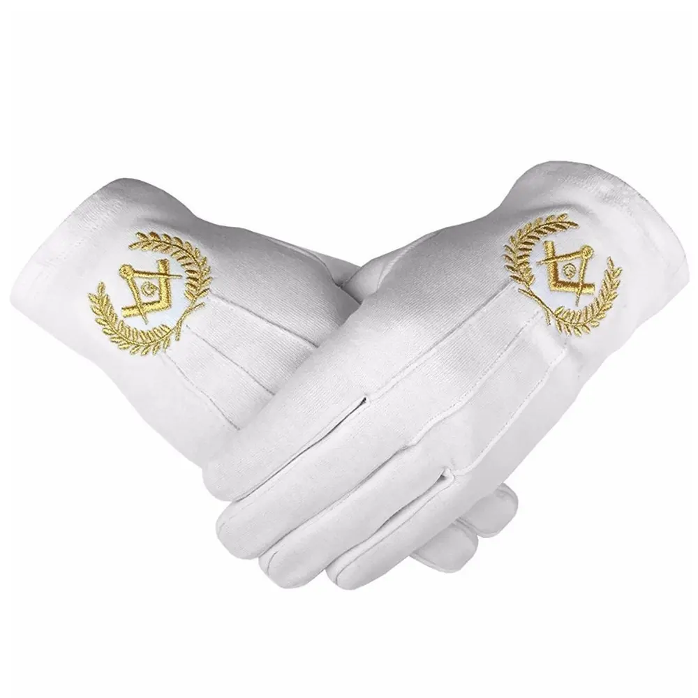 Grand Lodge ถุงมือรุ่น Regalia Masonic,ถุงมือผ้าฝ้ายสีขาวปักด้วยมือ