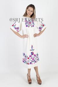 <b>White</b> Boho Embroidered <b>Organza</b> Midi <b>Dress</b> Floral Pattern Collarless Neckline Cap Sleeve Loose Fit Cotton Summer Casual <b>Dress</b> - Product Image 3