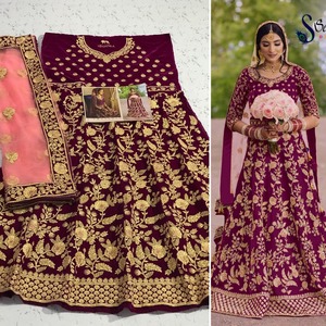 Lehenga Choli-tela de terciopelo para novia, tejido especial 9000 con bordado y trabajo de piedra, con blusa y red, fabricación dupatta Surat - Product Image 5
