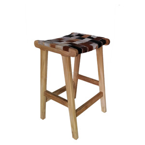Solid Teak Wood Minimalist Bar <b>Stools</b> Chair Woven Cowhide Genuine Leather Kitchen Modern Home Bar Furniture Inspired Indonesia - Product Image 1
