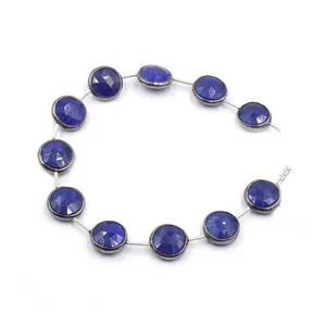 Lapis Lazuli 10 sampai 12 MM bentuk bulat perak Bezel bor lurus 11 manik-manik hitam teroksidasi berlapis untai