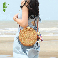 Sac en rotin pour femmes de haute qualité Bali bohème plage sac à main à bandoulière artisanat en osier de cercle du fabricant avec doublure en cuir