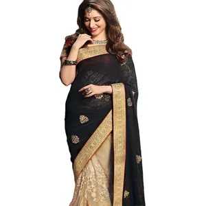Черная вечерняя одежда в Индийском и Пакистанском Стиле с половинной сеткой, сари с контрастной блузкой, трендовый стиль