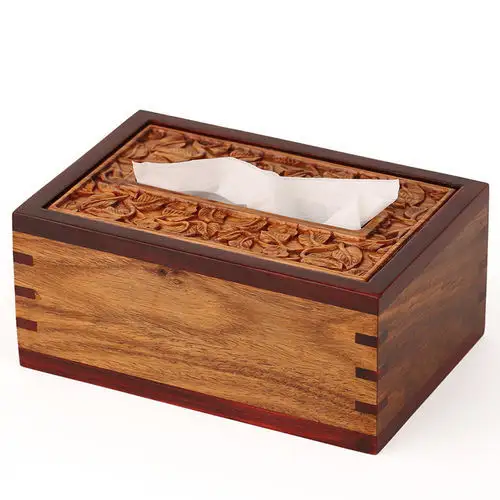 Caja de pañuelos de madera de Mango, Cubierta superior tallada a mano, soporte de pañuelos pulido Natural, caja de almacenamiento de servilletas, diseño atractivo