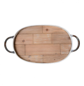 Elegante bandeja de madera hecha a mano con asas de metal al por mayor disponible - Product Image 1