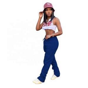 Women's Stacked Cotton Fleece Eco-Friendly Breathable Mid Waist <b>Classic</b> Wide Leg Casual Pants with Pockets - Product Image 1